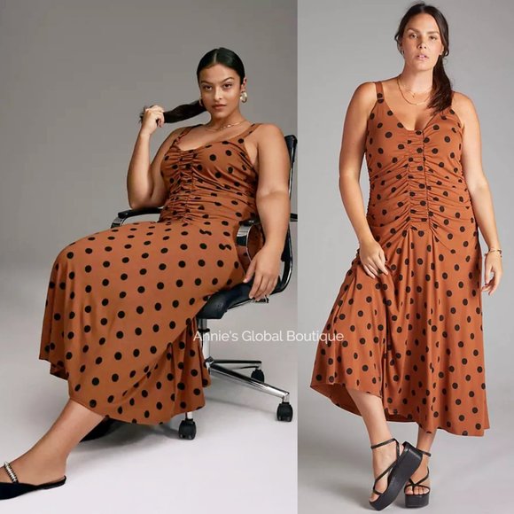 RARE NWT ANTHROPOLOGIE Maeve Ruched Polka Dot Midi Dress. Size L - Picture 6 of 16